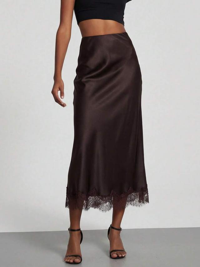 elegant brown satin midi skirt with lace trim