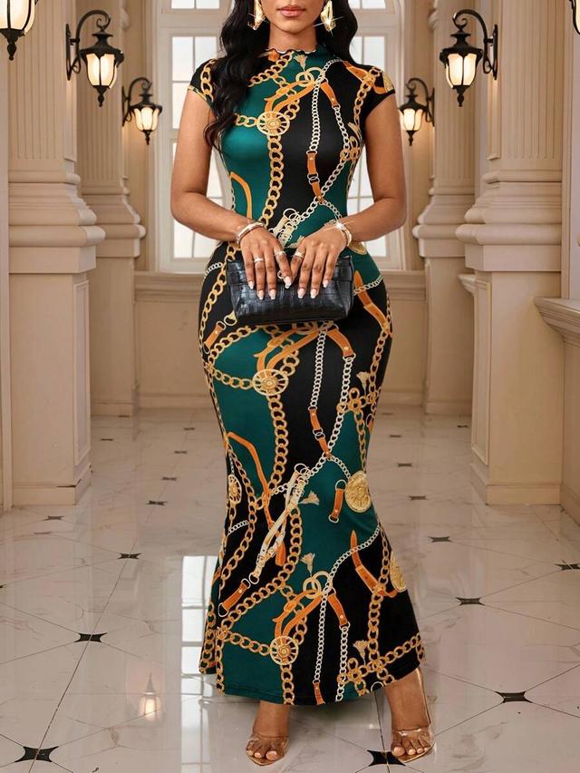 green and black chain print bodycon midi dress