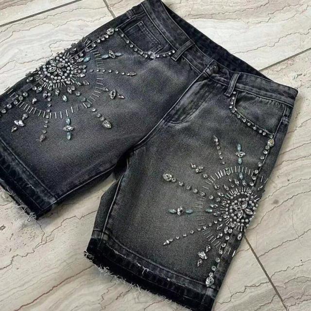 embellished black denim street-style shorts