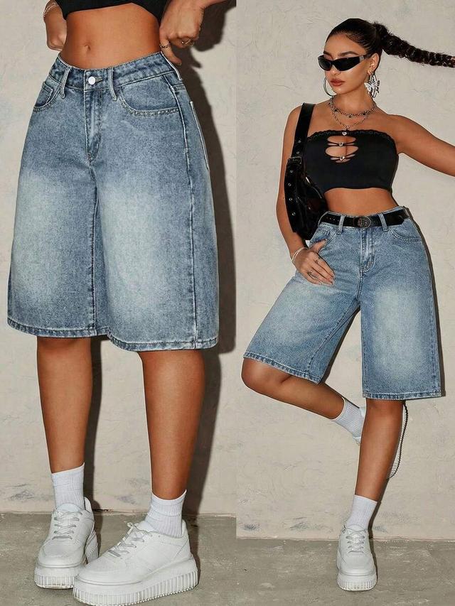 washed blue denim loose fit bermuda shorts