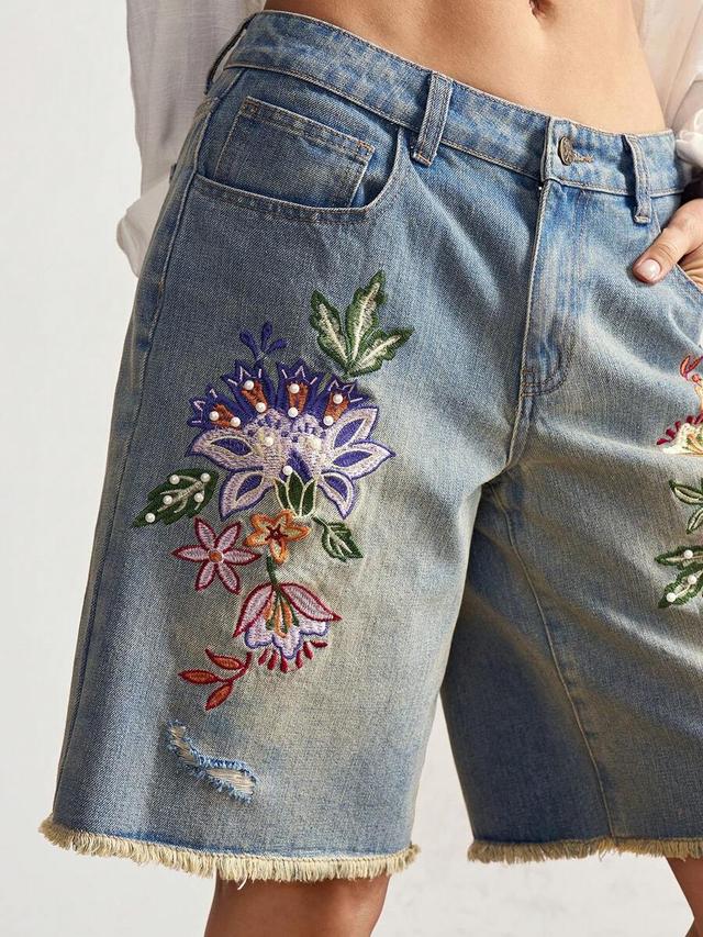 blue flower heavy-embroidered denim shorts