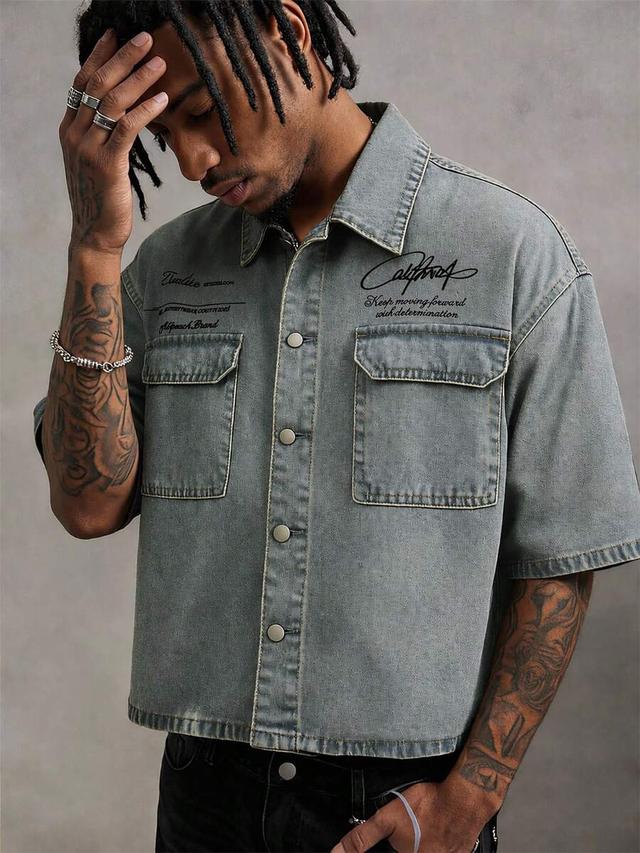 grey slogan print utility denim short sleeve shirt