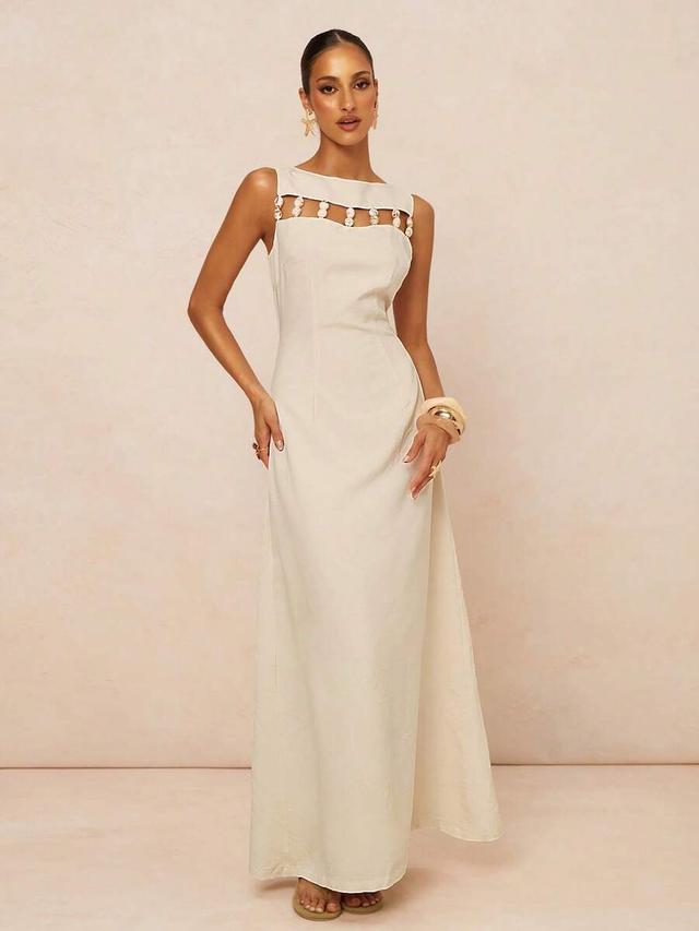 off-white sleeveless linen blend a-line dress with resin beads