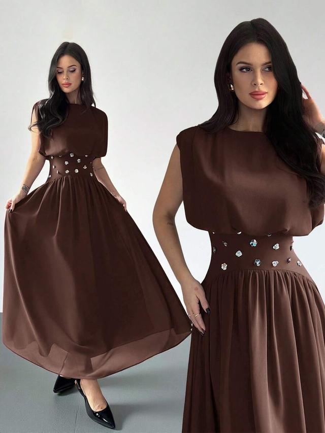 elegant dark brown chiffon dress with rhinestone embellished waist