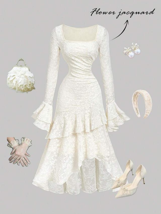 cream white floral jacquard square neck ruffle dress