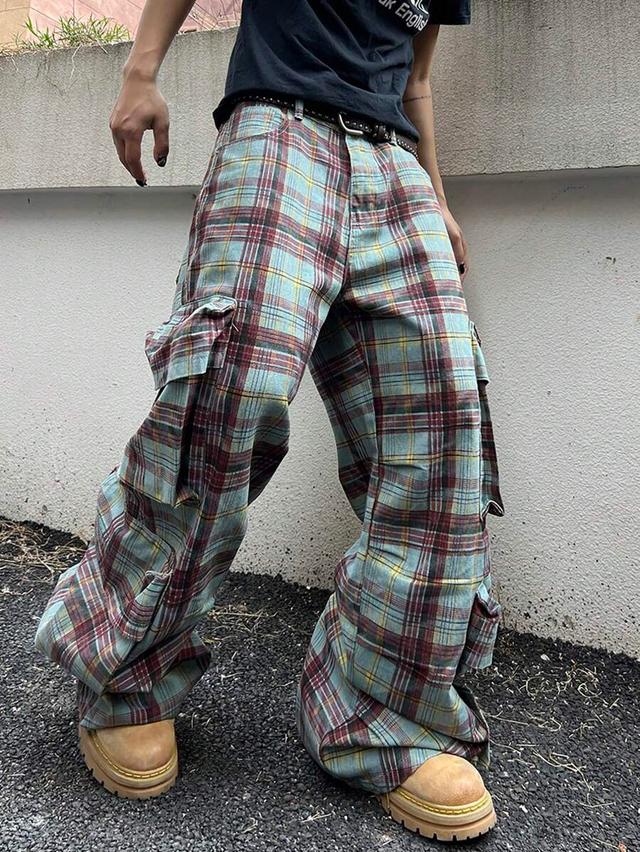plaid cargo pocket loose straight leg casual jeans