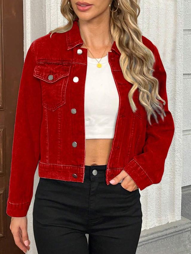 women's red denim single breasted short jacket