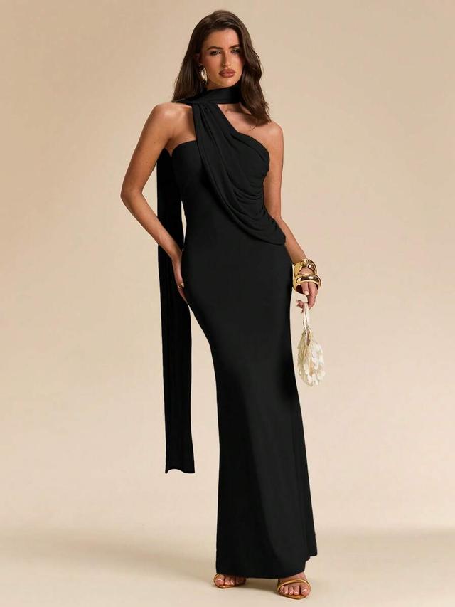 asymmetrical shoulder tie-up fishtail maxi dress