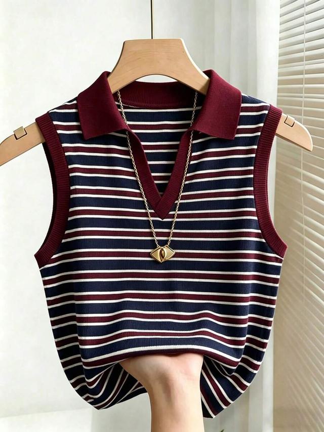 casual elegant intellectual collared striped knit vest