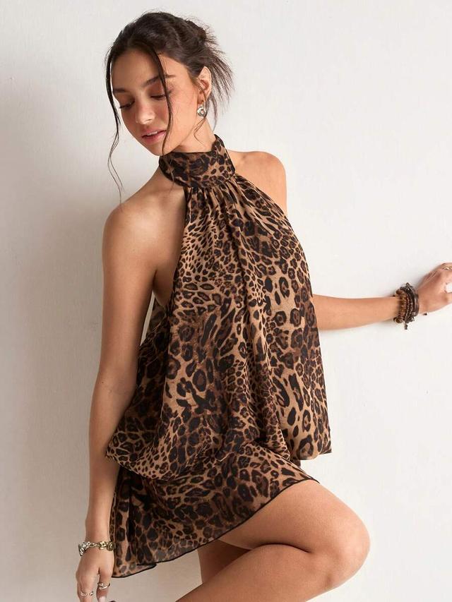 leopard print halter neck chiffon mini dress