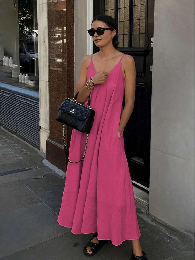 women's casual elegant solid pink spaghetti strap minimalist dress