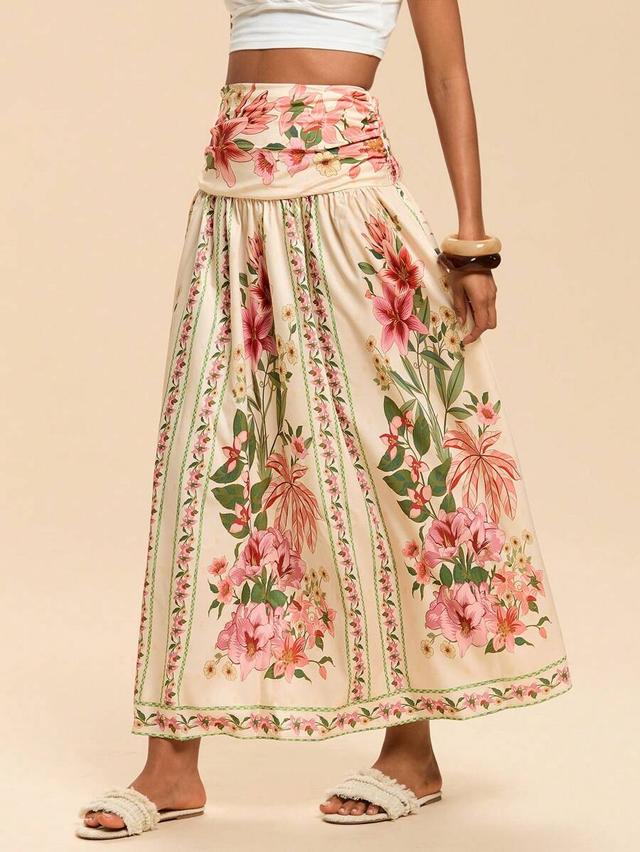 beige floral printed boho maxi skirt