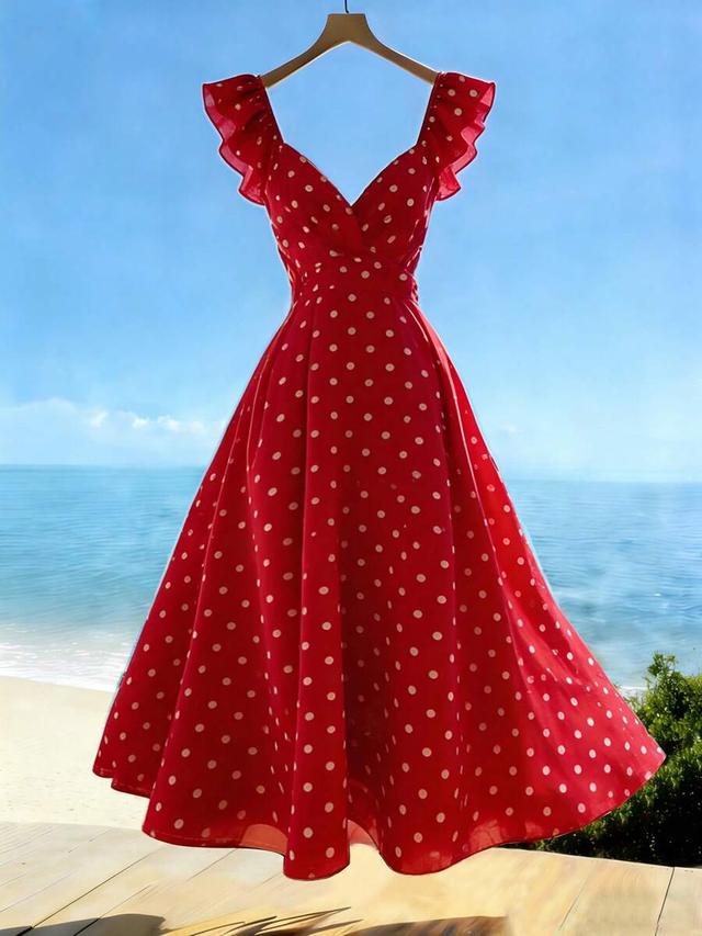 red and white polka dot v-neck maxi dress