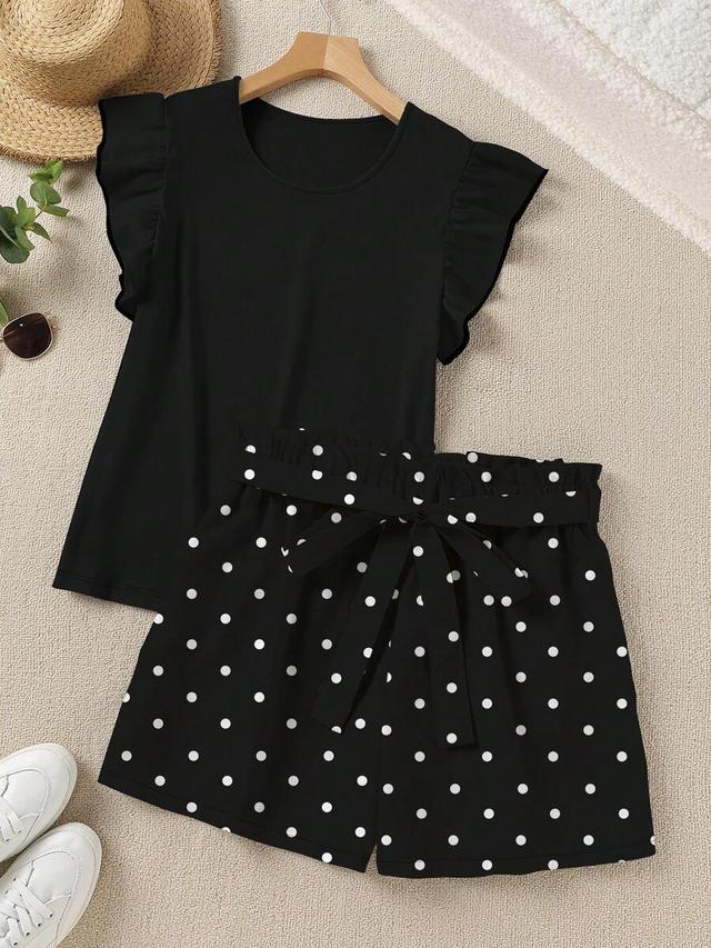 ruffle trim top and polka dot shorts set