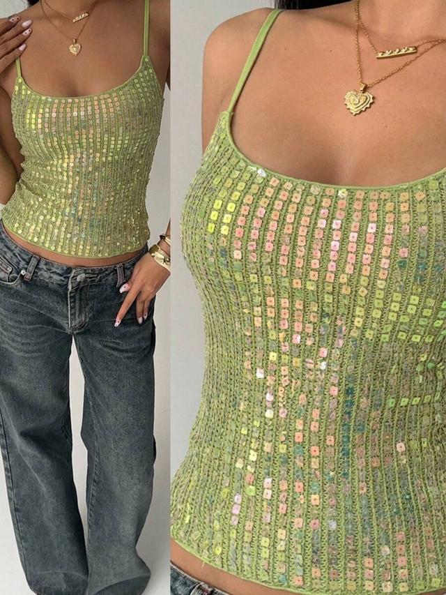 lime green lace and sequin splice camisole top