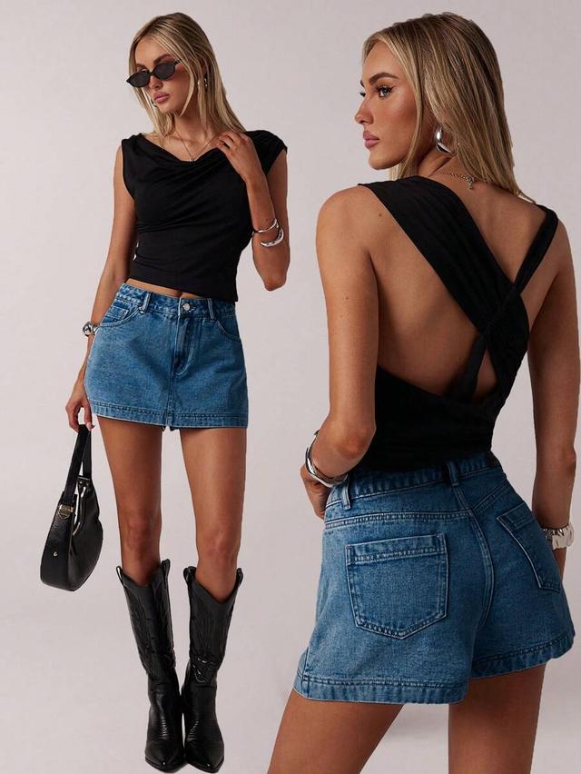 black high-waisted medium wash denim shorts