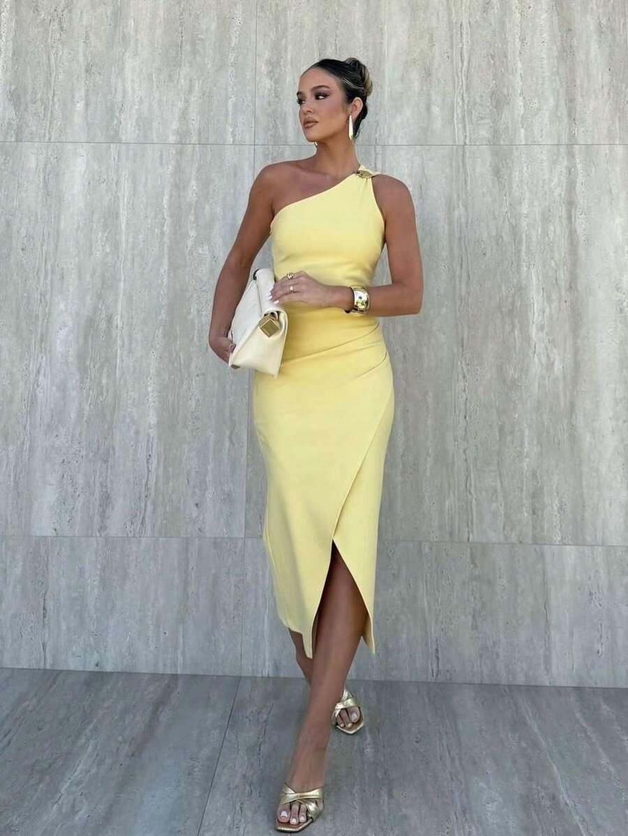 yellow sleeveless asymmetric pleated slit midi dress