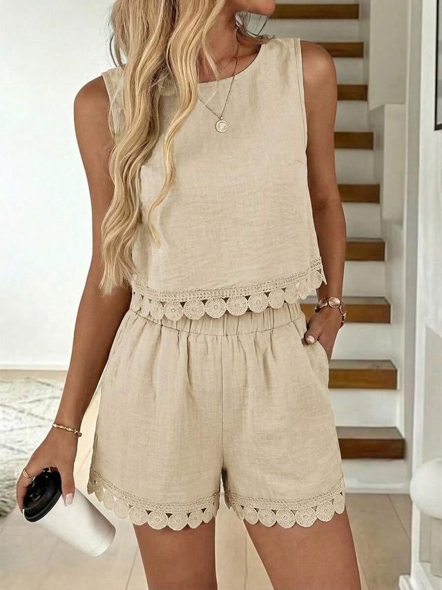 light beige sleeveless linen top and shorts set