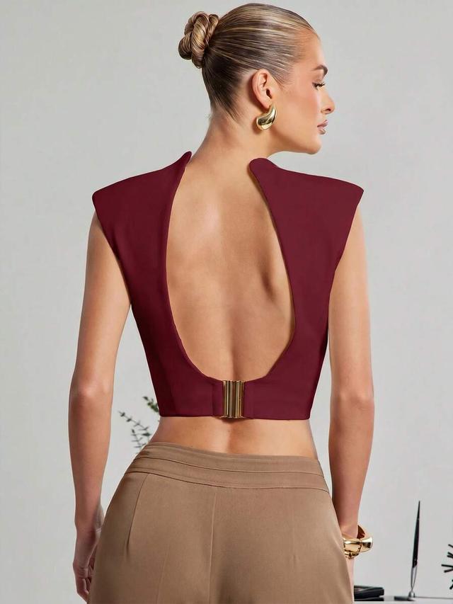 burgundy stand collar backless sleeveless top with metal closure
