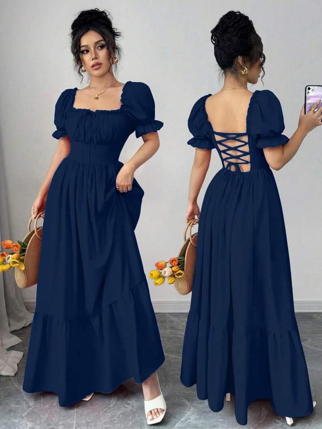 navy square neck puff sleeve backless tie dress