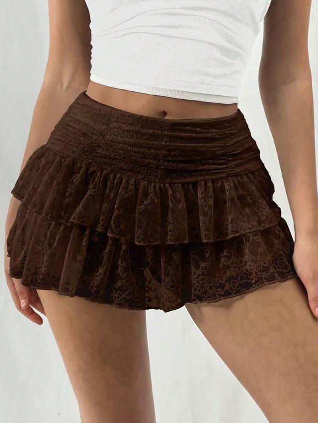 brown double-layered lace mini a-line skirt