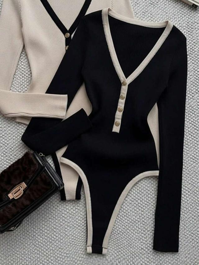 cream v-neck contrast color ribbed knit bodysuit