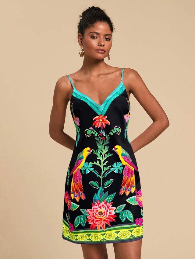 black floral camisole mini dress with parrot print