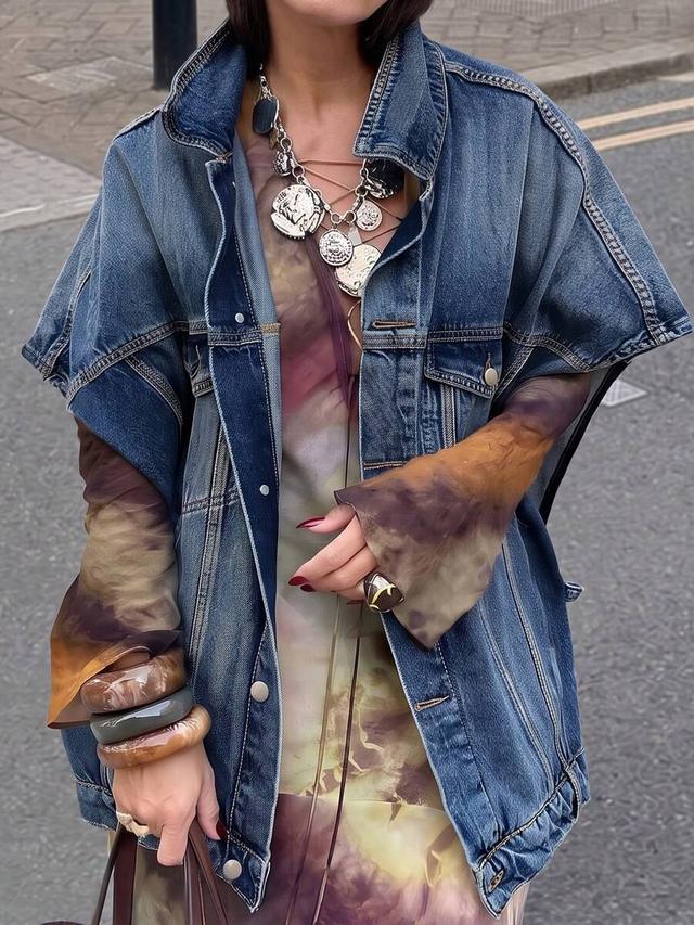 tie-dye fashionable versatile loose turndown collar denim jacket