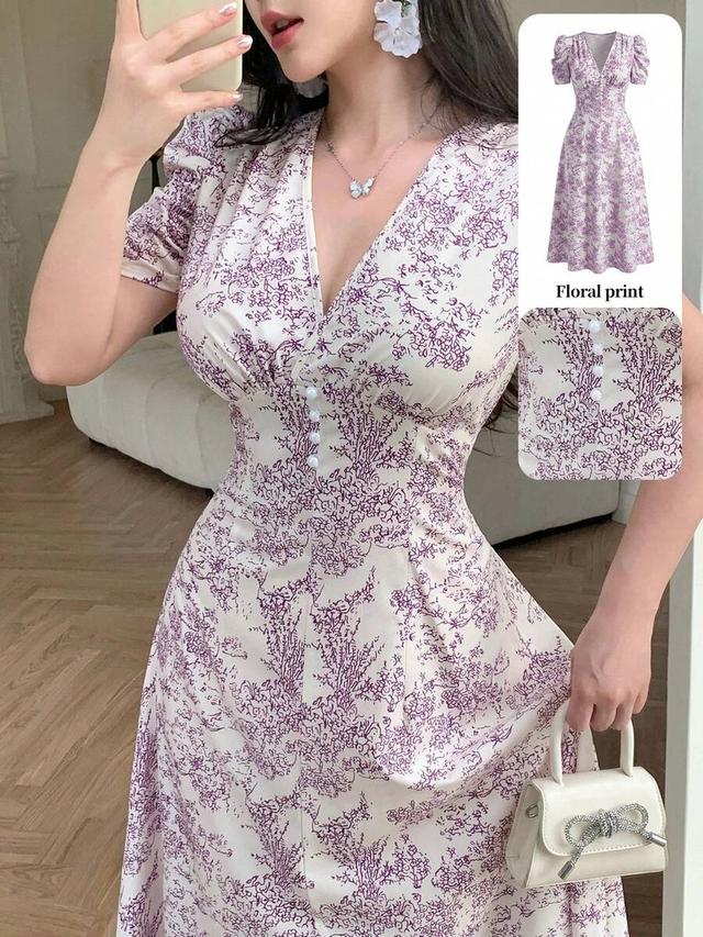 floral print fitted white long dress with puff sleeves