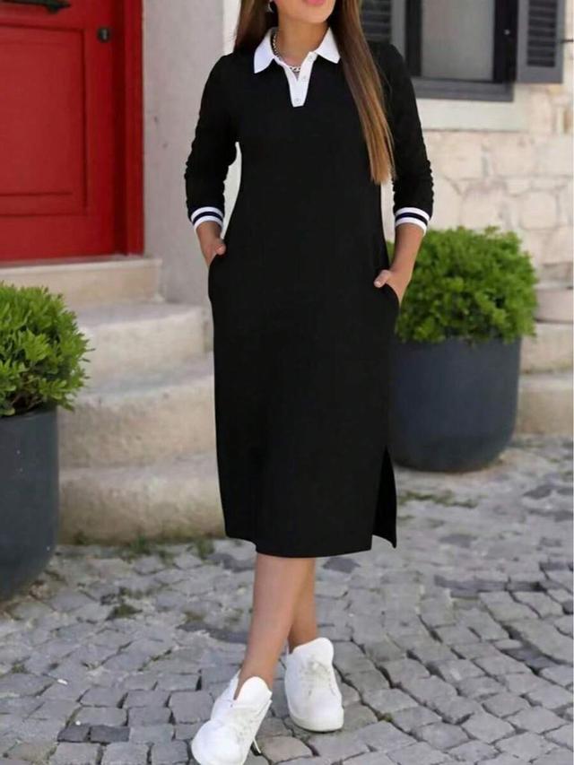 women's loose minimalist polo collar long sleeve split hem dress