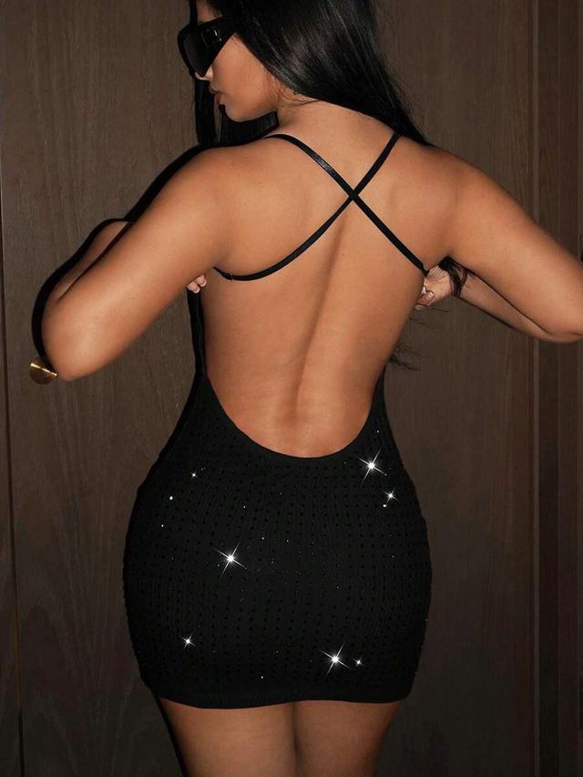 black backless sparkly rhinestone fitted mini dress