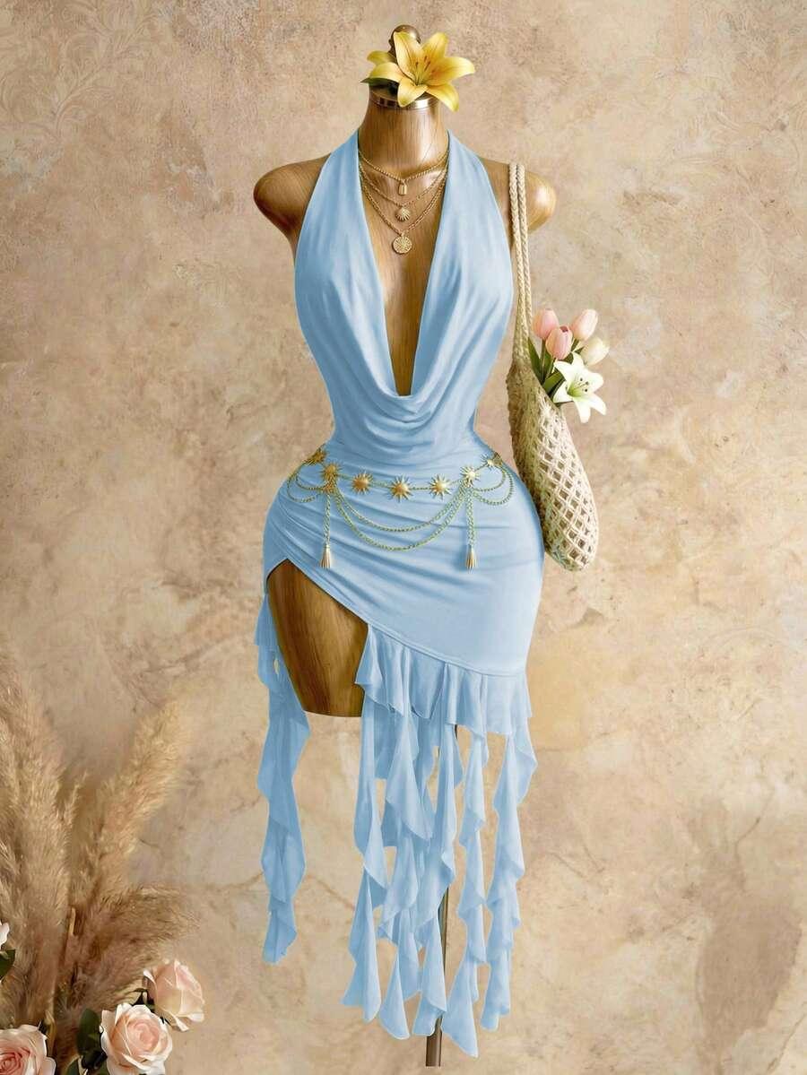 light blue cowl neck draped ruffle hem dress