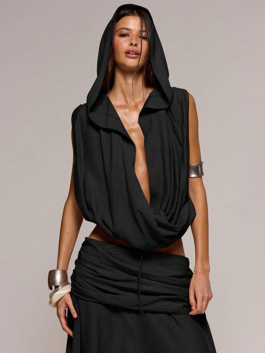 musera textured linen extreme cowl plunge hooded top