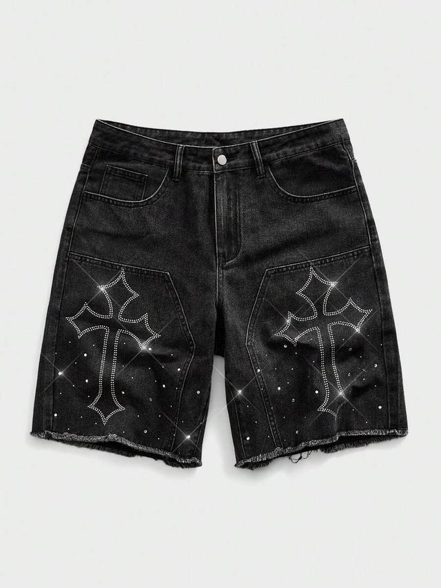 black denim shorts with rhinestone cross embellishment