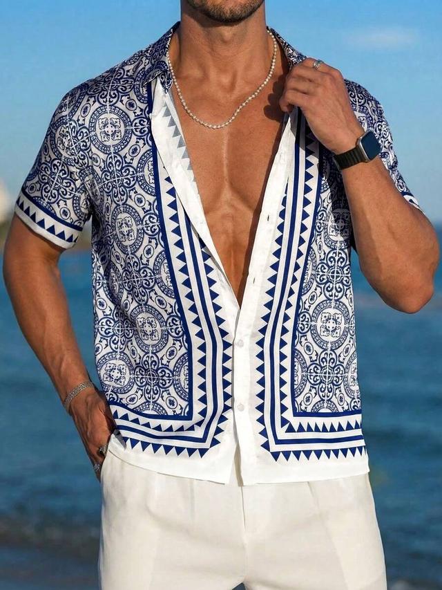 men's mediterranean tile print navy blue vacation shirt