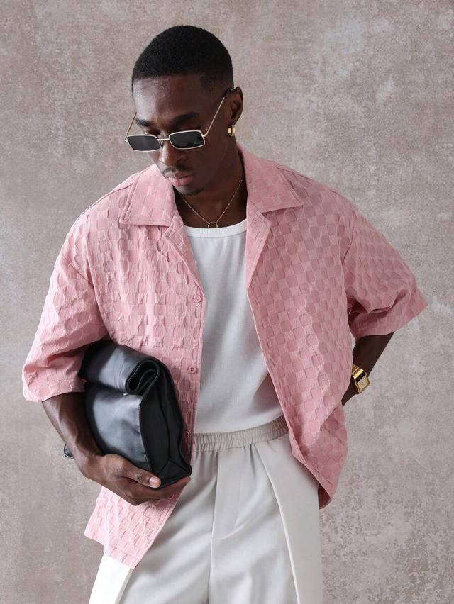 pink checkered textured resort button-up shirt