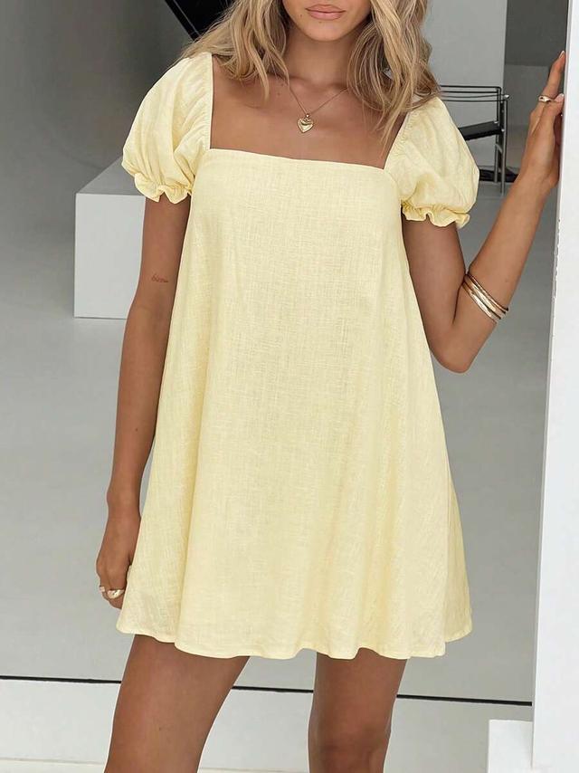 pale yellow linen blend puff sleeve mini dress