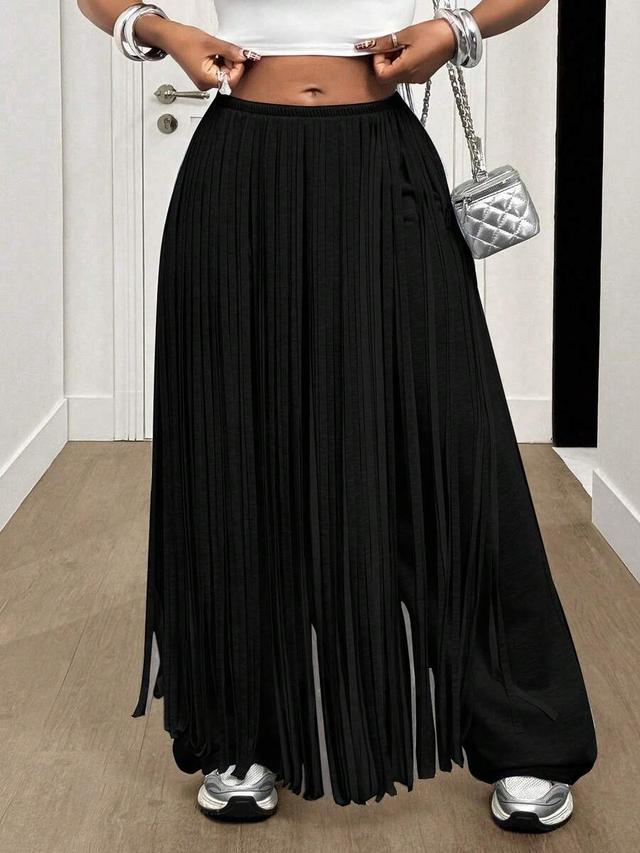 black pleated wide leg casual trousers