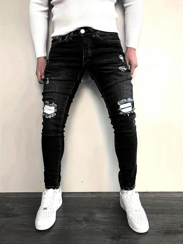men's casual black distressed lightweight denim jeans