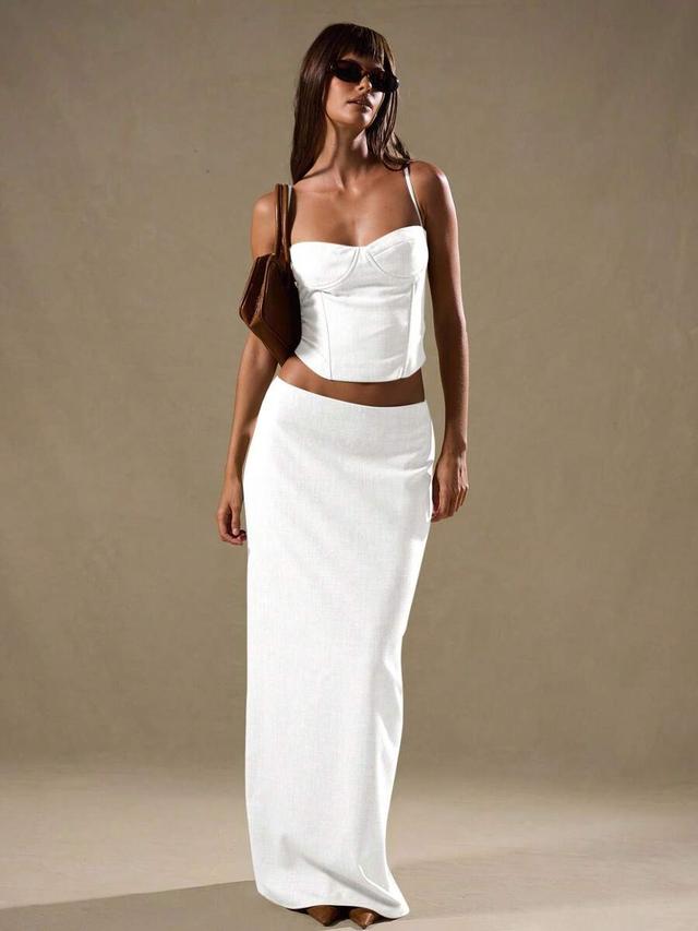 white linen blend low rise column maxi skirt