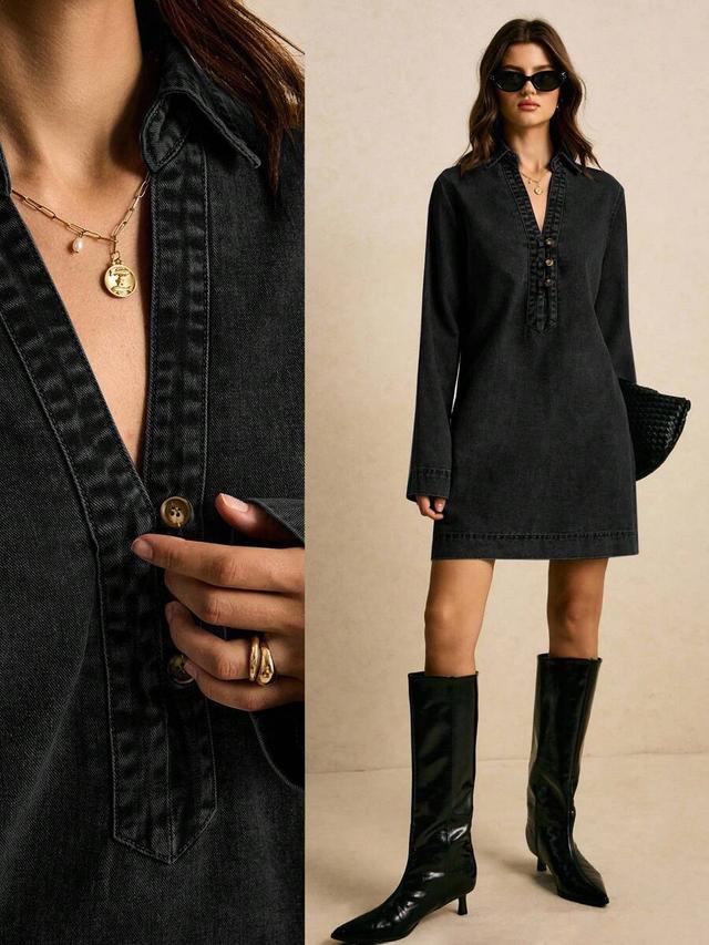 black denim long sleeve casual shirt dress