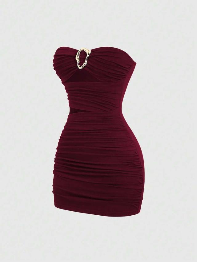 burgundy strapless ruched mini dress with gold hardware