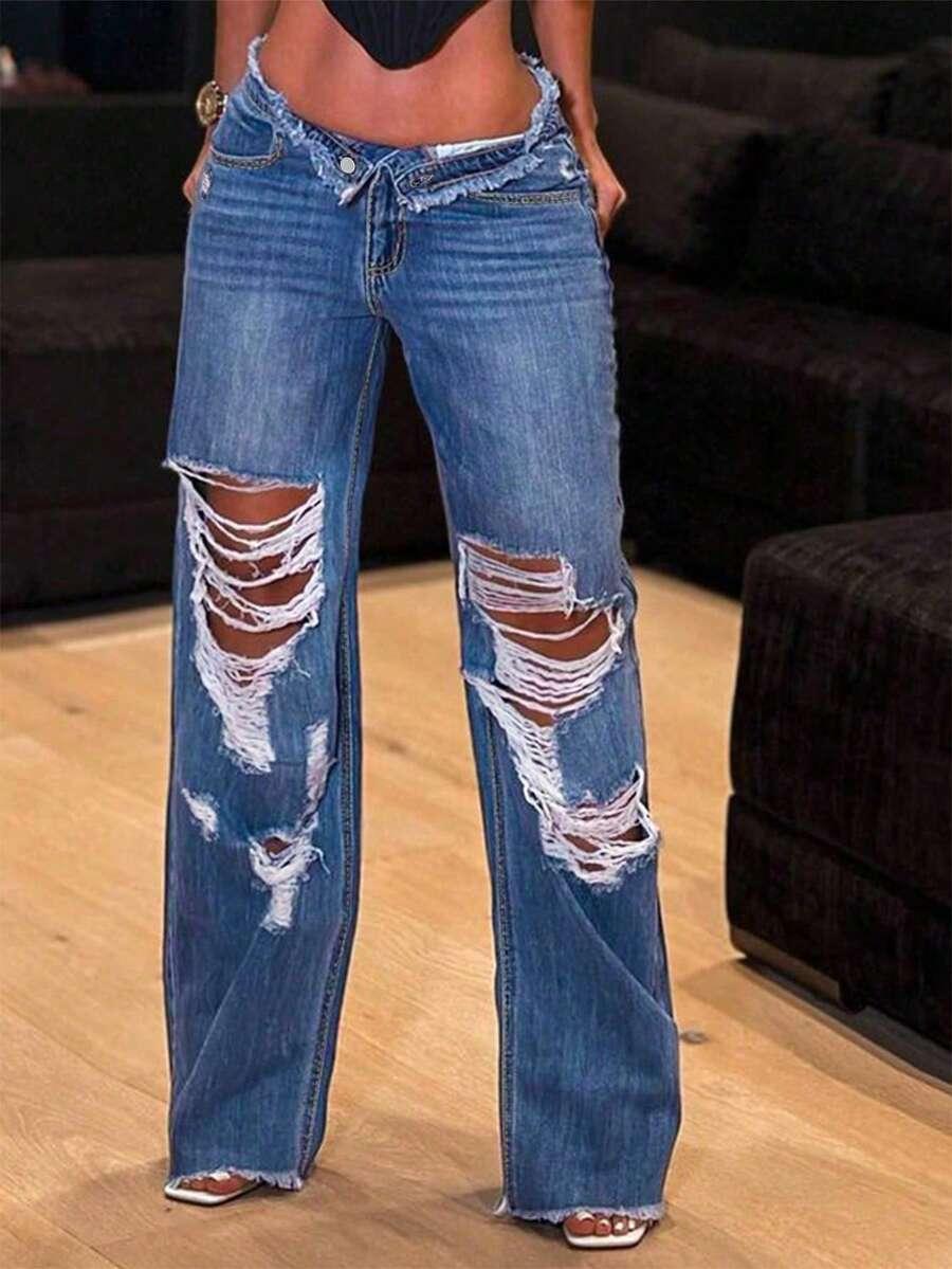 women's distressed straight leg denim jeans