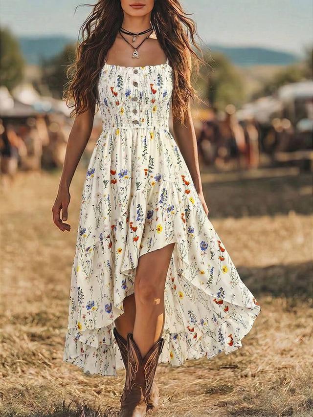 floral print smocked bodice high-low midi dress