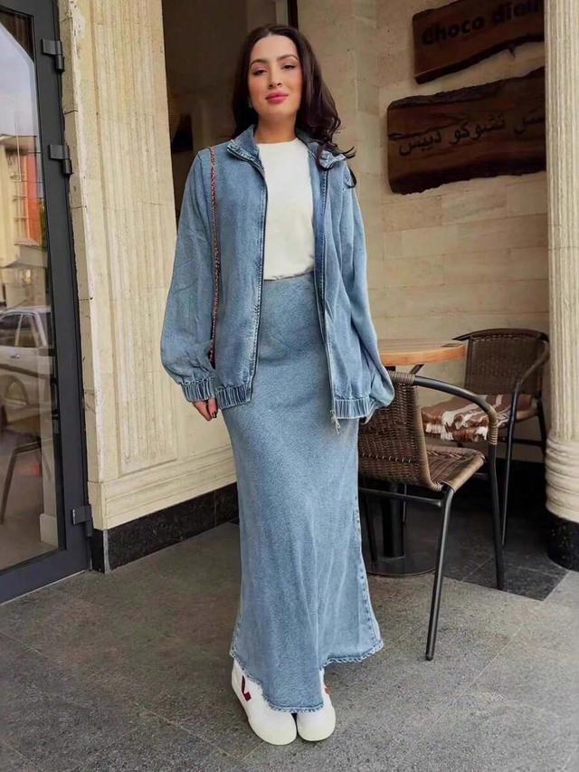 women's denim midi skirt set