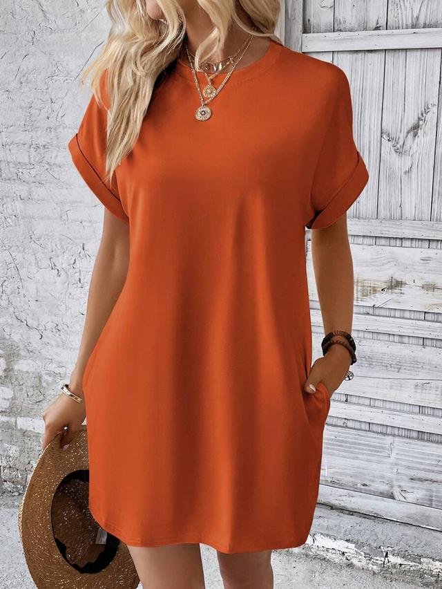 rust orange casual shift dress with rolled sleeves