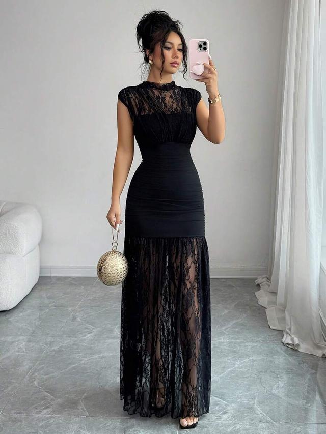 black lace overlay midi dress with ruched bodice