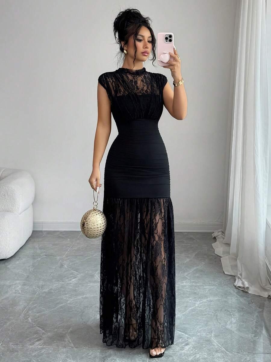 black lace overlay midi dress with ruched bodice