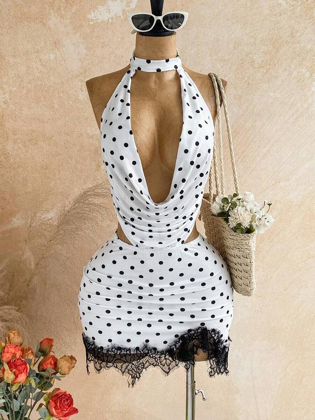 polka dot halter neck mini dress with lace trim