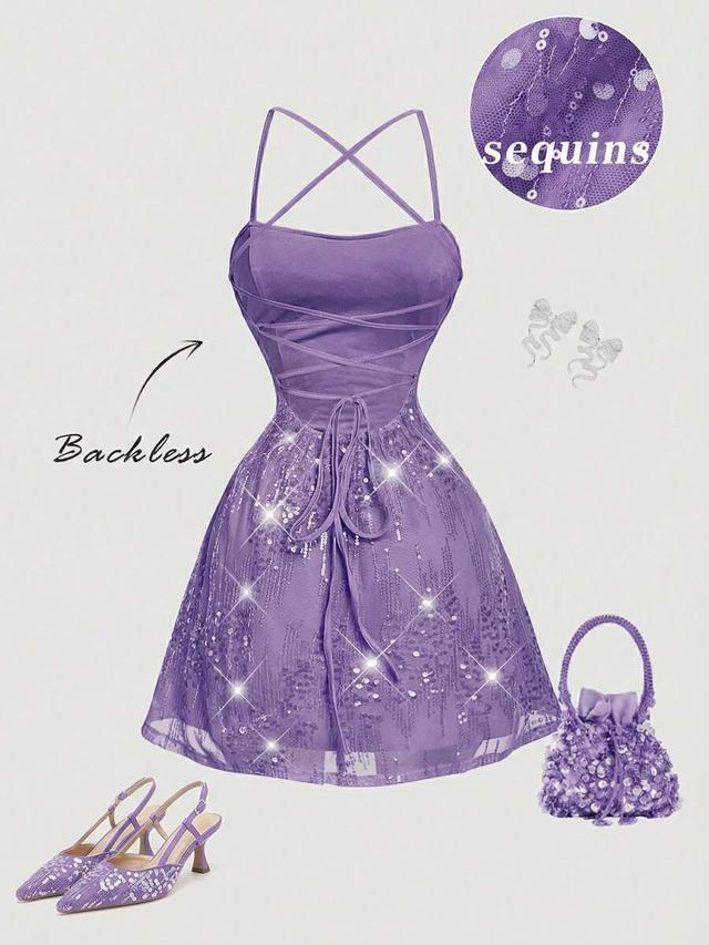 purple sequin backless mini party dress